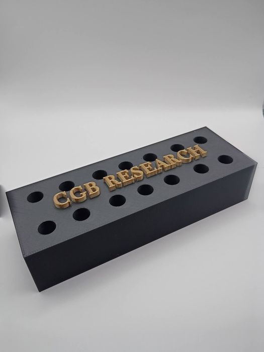 Black CGB Research vial rack with raised gold lettering