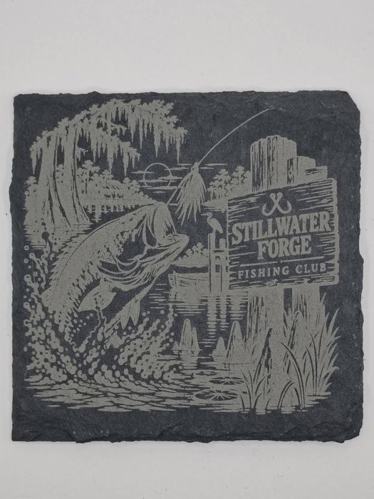 Slate coaster engraved with a largemouth bass leaping in a cypress swamp, Stillwater Forge Fishing Club