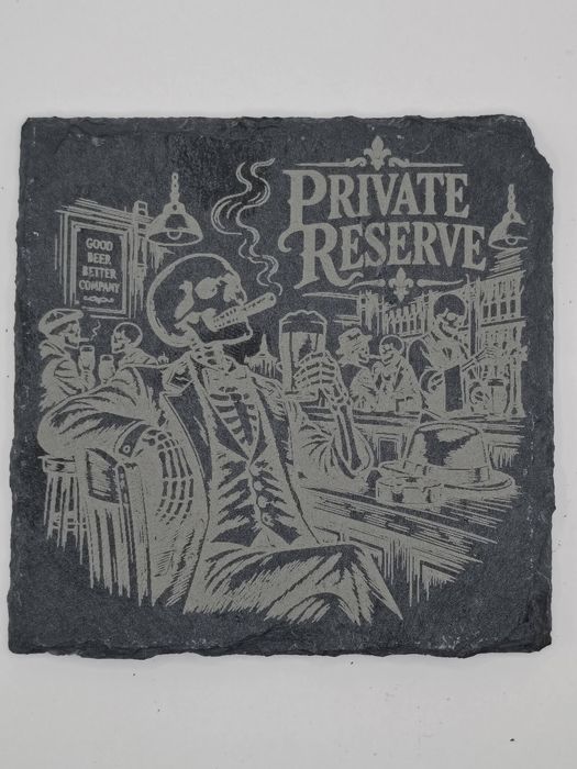 Slate coaster engraved with a vintage bar scene titled Private Reserve